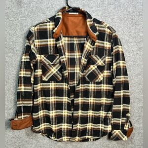 Tinkwell Men’s M Casual Plaid Flannel Shirt Black Brown Button Up Collar Shirt